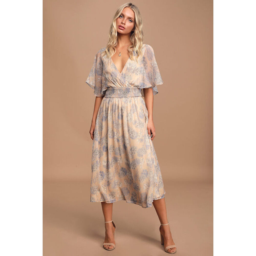Lulus Subtle Romance Beige Floral Print Ruffled Midi Dress - Size M